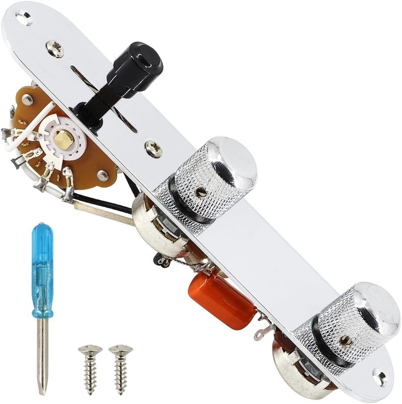 Domofa Loaded Guitar Control Plate for Telecaster Electric Guitar Prewired 3 Way Switch 500K Potentiometers Tone Volume Knob with Wiring Harness (Chrome) - Image 1